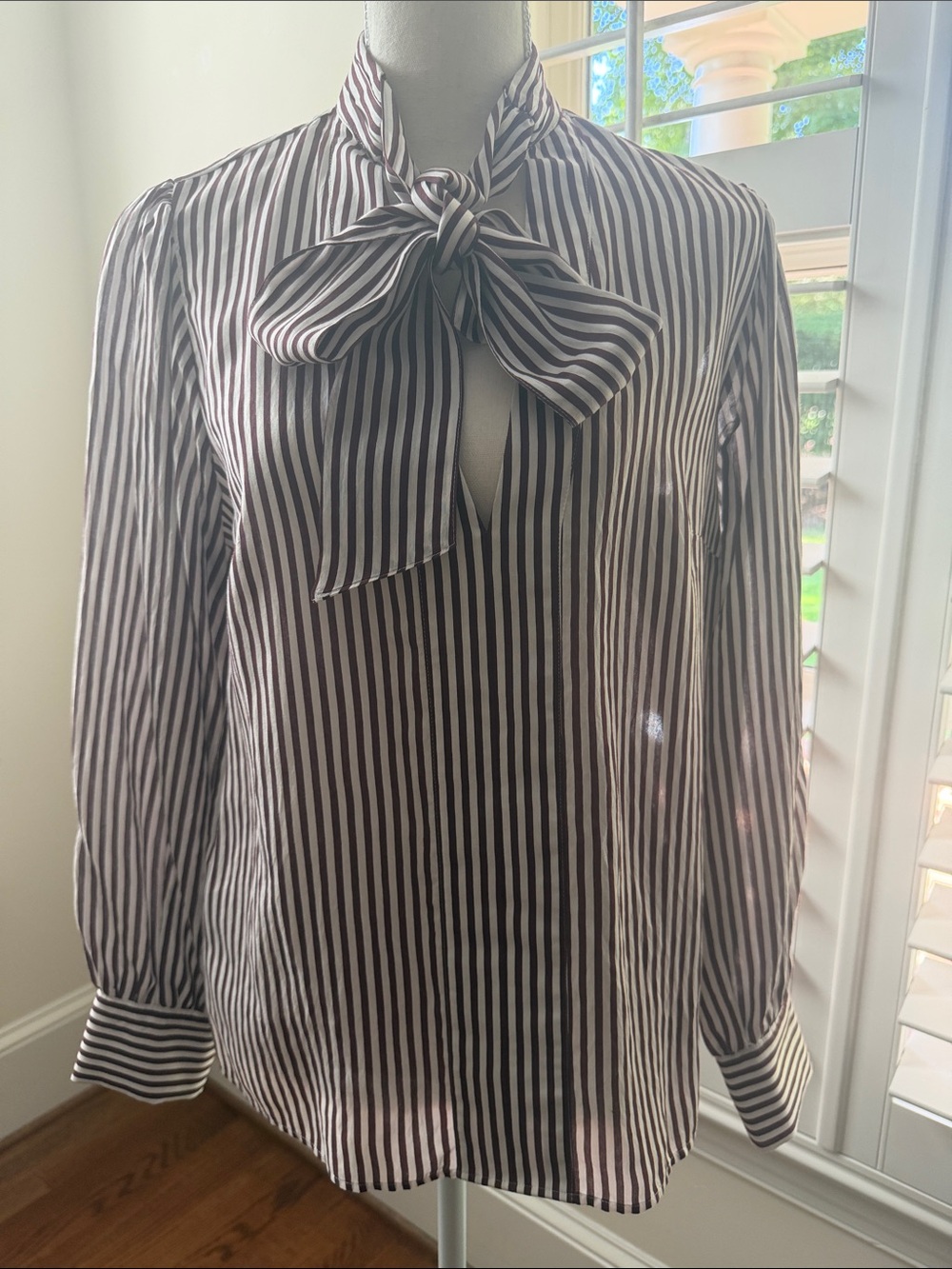 Maeve Striped Bow-Tie Long Sleeve Blouse - Maroon & White